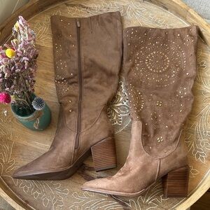 Tan  Suede Embellished Knee-High Boots size 10 New w box